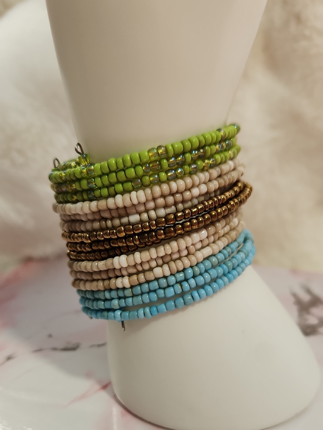 Beaded Multi-Color Wrap Bracelet - Green, Beige, Gold & Blue
